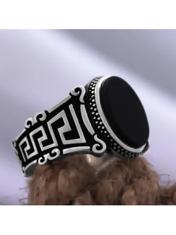 Siyah Oniks Taşlı Grek Desen Özel Seri Erkek Gümüş Yüzük