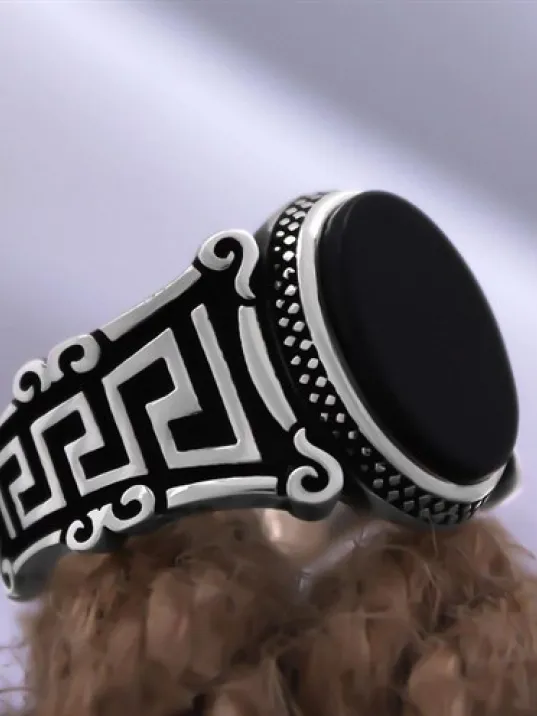 Siyah Oniks Taşlı Grek Desen Özel Seri Erkek Gümüş Yüzük