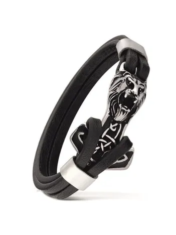 Erkek Çelik Ve Deri Bileklik Aslan Ve Çapa Figürlü