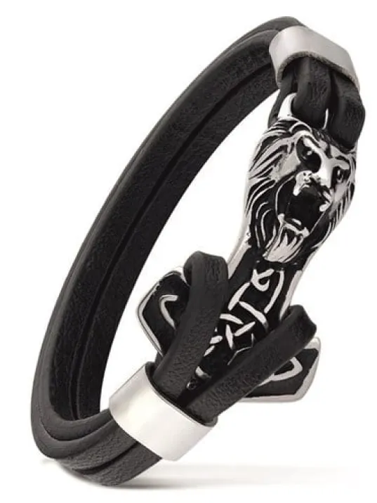 Erkek Çelik Ve Deri Bileklik Aslan Ve Çapa Figürlü