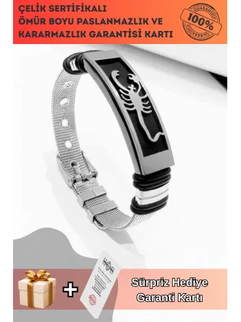 Akrep Motifli Paslanmaz Çelik Erkek Bileklik Hasır Kordonlu