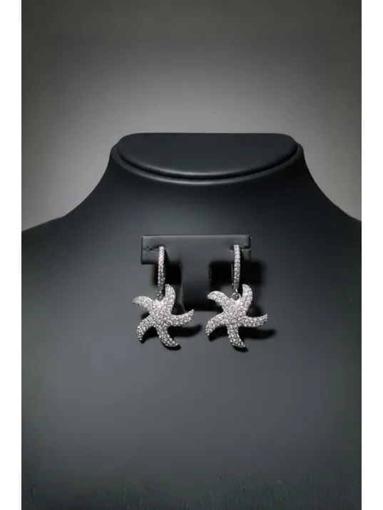 Kadın Gümüş Küpe - Deniz Yıldızı Model Zirkon Taş Kaplama Gümüş Küpe