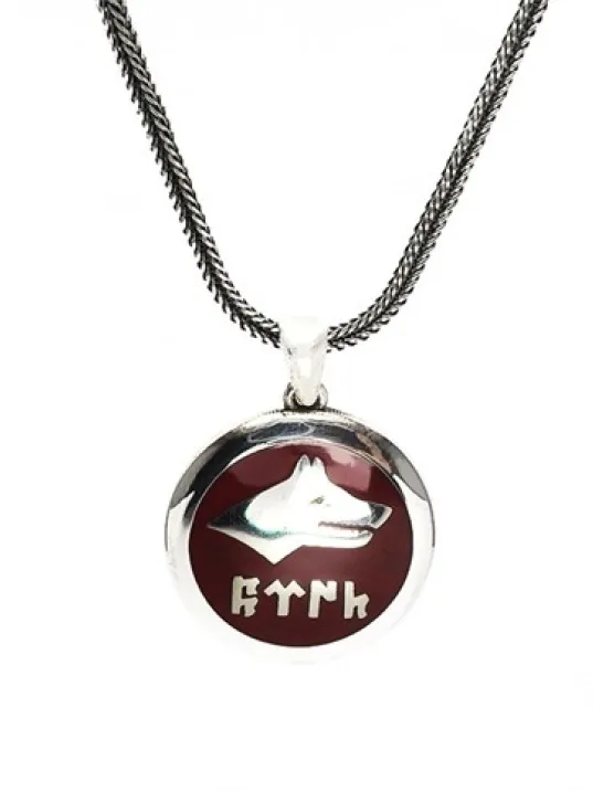 Göktürkçe Türk Yazılı Kırmızı Mineli Bozkurt Gümüş Erkek Kolye Zincir