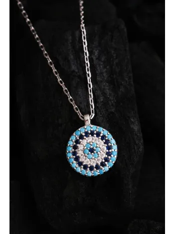 Kadın Gümüş Kolye - Yuvarlak Model Nazar Boncuğu Motifli Kadın Kolye