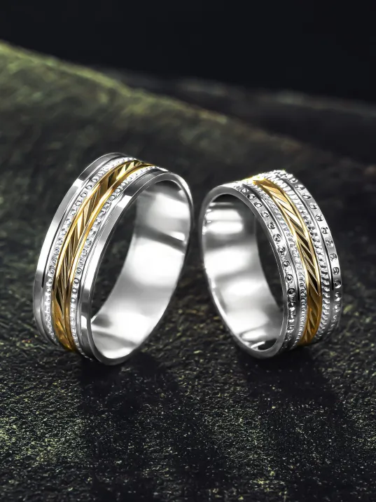 Erkek Kadın Gümüş Alyans – Altın Detaylı Şerit Desenli Özel Tasarım Şık ve Dayanıklı Erkek Kadın Yüzük