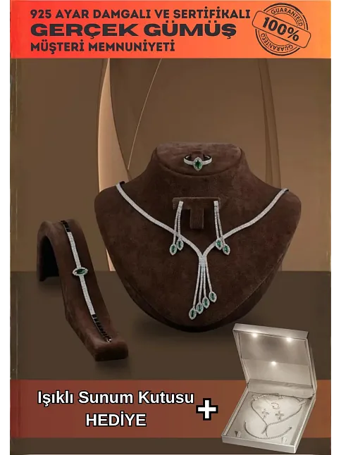 Aura Bayan Zümrüt Taşlı Gümüş Su Yolu Set - Kolye, Bileklik, Küpe, Yüzük