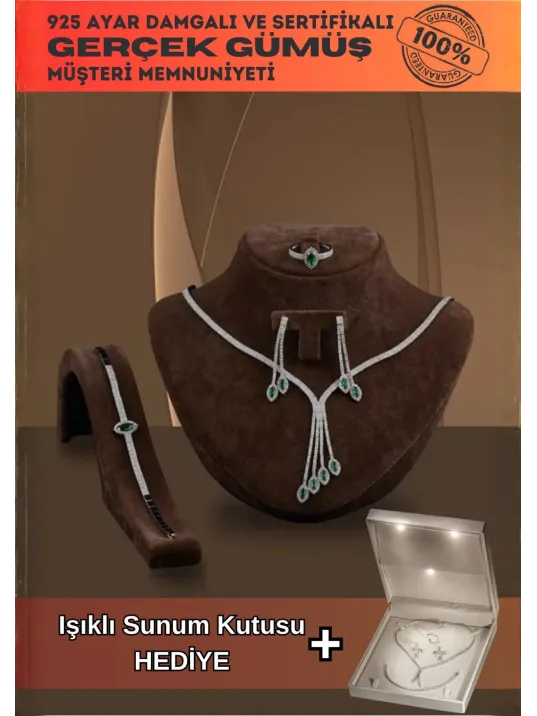 Aura Bayan Zümrüt Taşlı Gümüş Su Yolu Set - Kolye, Bileklik, Küpe, Yüzük