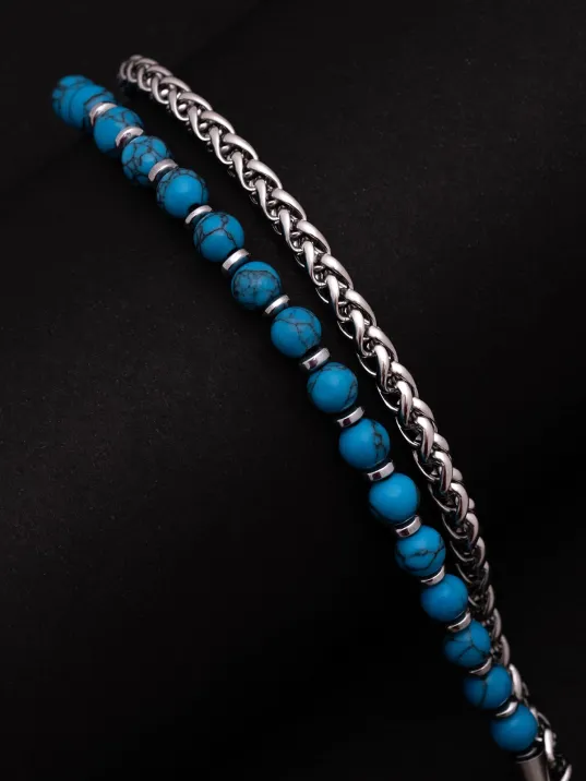 Erkek Çelik Bileklik - Mavi Boncuk Kral Zincir Çelik Bileklik