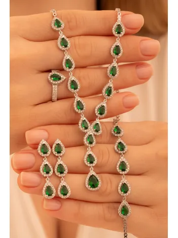 Kadın Gümüş Takı Seti - Sera Zümrüt Damla Taşlı 925 Ayar Kolye, Bileklik, Yüzük, Küpe Tam Set