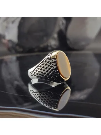 Sarmaşık Desenli Kaplan Gözü Taşlı Gümüş Erkek Yüzük  GYZGMSGUMSL