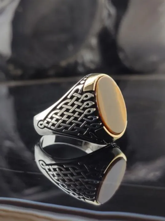 Sarmaşık Desenli Kaplan Gözü Taşlı Gümüş Erkek Yüzük  GYZGMSGUMSL