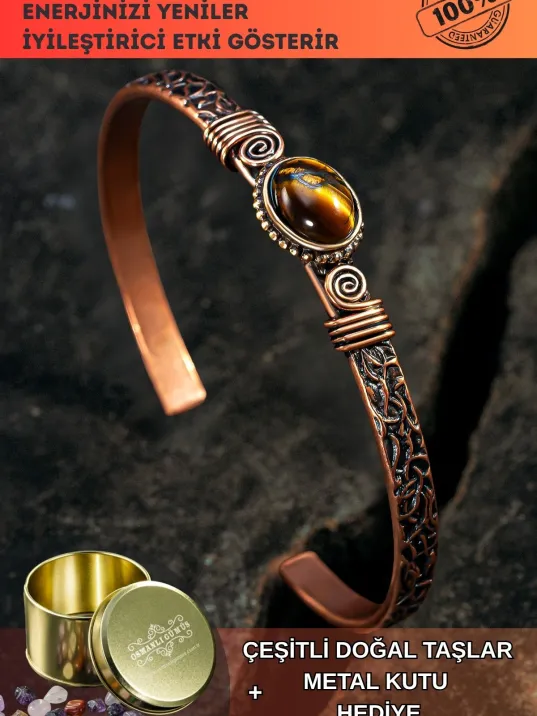 Bakır Kelepçe Bilezik Kaplan Gözü Doğal Taş Erkek Kadın Doğal Taşlar ve Metal Kutulu