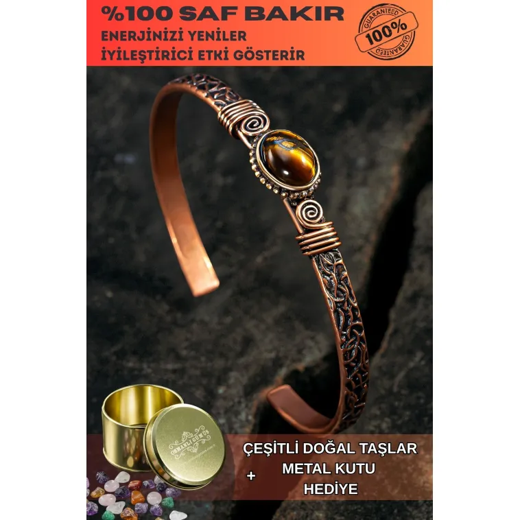 Bakır Kelepçe Bilezik Kaplan Gözü Doğal Taş Erkek Kadın Doğal Taşlar ve Metal Kutulu Bakır Kelepçe Bilezik Kaplan Gözü Doğal Taş Erkek Kadın Doğal Taşlar ve Metal Kutulu