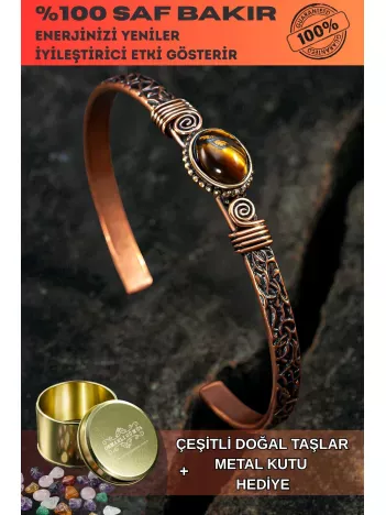Bakır Kelepçe Bilezik Kaplan Gözü Doğal Taş Erkek Kadın Doğal Taşlar ve Metal Kutulu