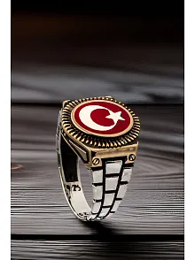 Erkek Gümüş Yüzük - Ay Yıldız Türk Bayrağı Yanı Vida Gümüş Yüzük