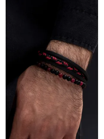 OSMANLI GÜMÜŞ Erkek Bileklik - Erkek Deri Bileklik - Erkek Boncuk Bileklik - Deri Ve Boncuk Kombin Bileklik-Kırmızı