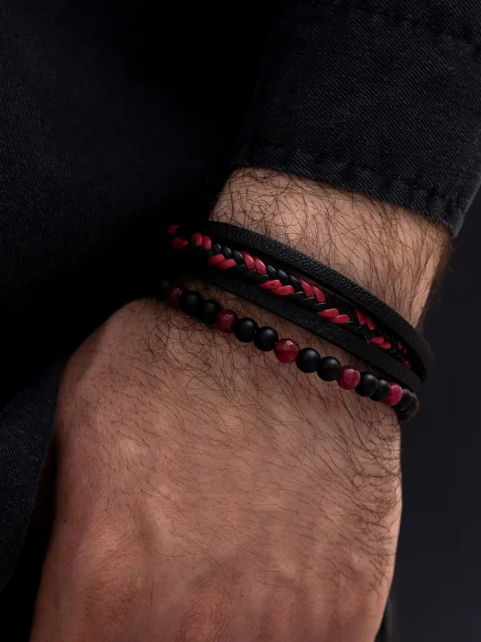 OSMANLI GÜMÜŞ Erkek Bileklik - Erkek Deri Bileklik - Erkek Boncuk Bileklik - Deri Ve Boncuk Kombin Bileklik-Kırmızı