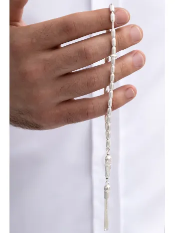 Gümüş Tespih Arpa Kesim Çizgili Büyük Boy 22 Gram