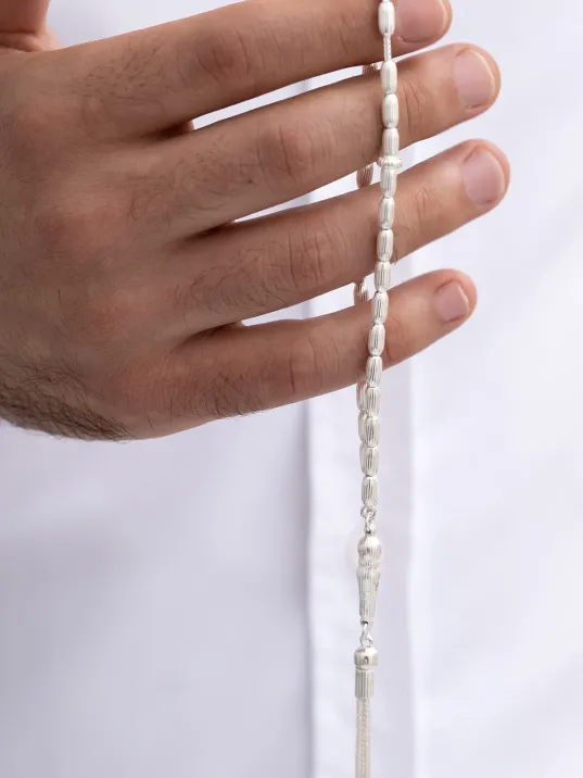 Gümüş Tespih Arpa Kesim Çizgili Büyük Boy 22 Gram