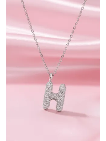 Kadın Gümüş Kolye - 925 Ayar Zirkon Taşlı Balon H Harfi Bayan Kolye