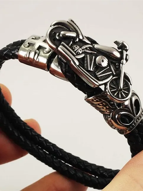 OttoMan Motosiklet Figürlü Deri Çelik Erkek Bileklik Motorcu Bilekliği