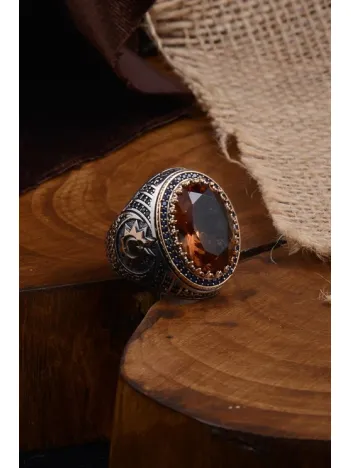 Zultanit Taşlı Yanında Ay Yıldız Motif Erkek Gümüş Yüzük