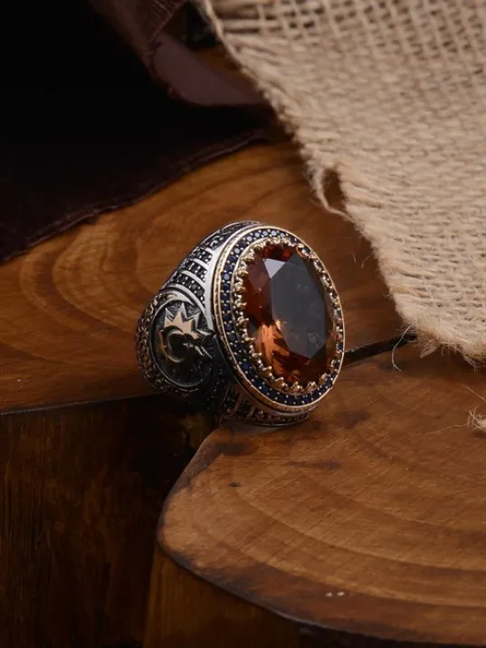 Zultanit Taşlı Yanında Ay Yıldız Motif Erkek Gümüş Yüzük