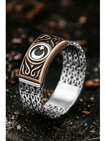 Erkek Gümüş Yüzük - Kral Zincirli Ay Yıldız İşlemeli Erkek Yüzük