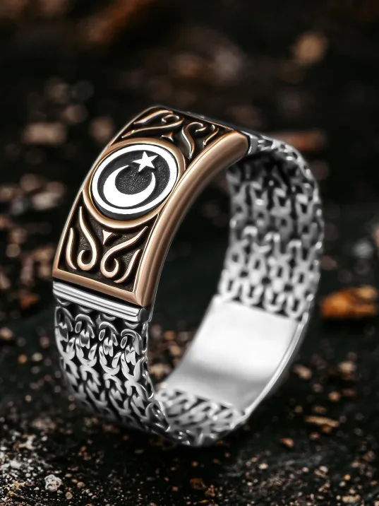 Erkek Gümüş Yüzük - Kral Zincirli Ay Yıldız İşlemeli Erkek Yüzük