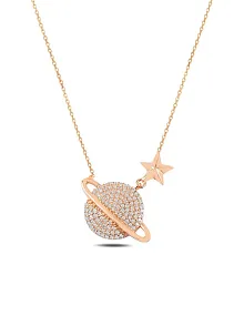 Zirkon Taşlı Rose Yıldızlı Satürn Model Gümüş Kadın Kolye GKLSTRNMDL1-ROS