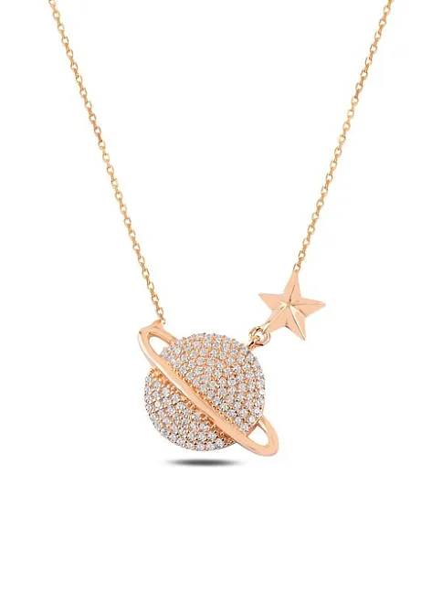 Zirkon Taşlı Rose Yıldızlı Satürn Model Gümüş Kadın Kolye GKLSTRNMDL1-ROS