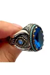 Blue Topaz Aquamarin Taşlı Gümüş Erkek Yüzük