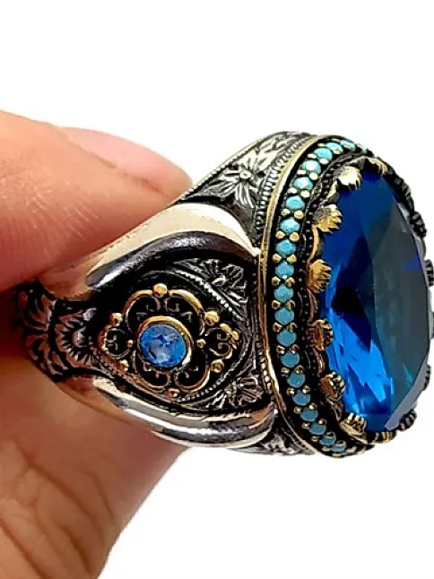 Blue Topaz Aquamarin Taşlı Gümüş Erkek Yüzük Blue Topaz Aquamarin Taşlı Gümüş Erkek Yüzük
