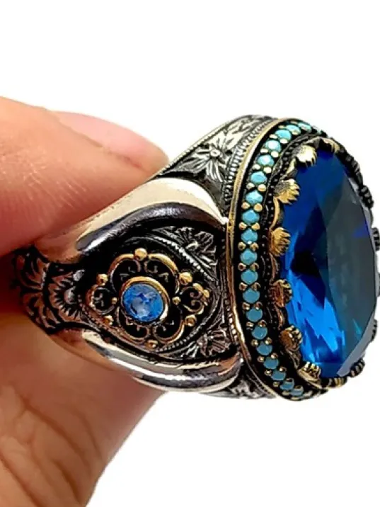 Blue Topaz Aquamarin Taşlı Gümüş Erkek Yüzük
