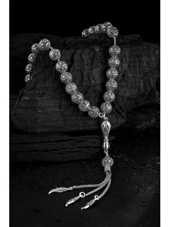 Erkek Tesbih - Beyhude Oksitli 925 Ayar Gümüş Erkek Tespih Orta Boy 40gr