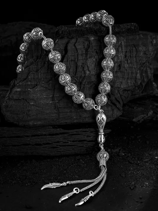 Erkek Tesbih - Beyhude Oksitli 925 Ayar Gümüş Erkek Tespih Orta Boy 40gr