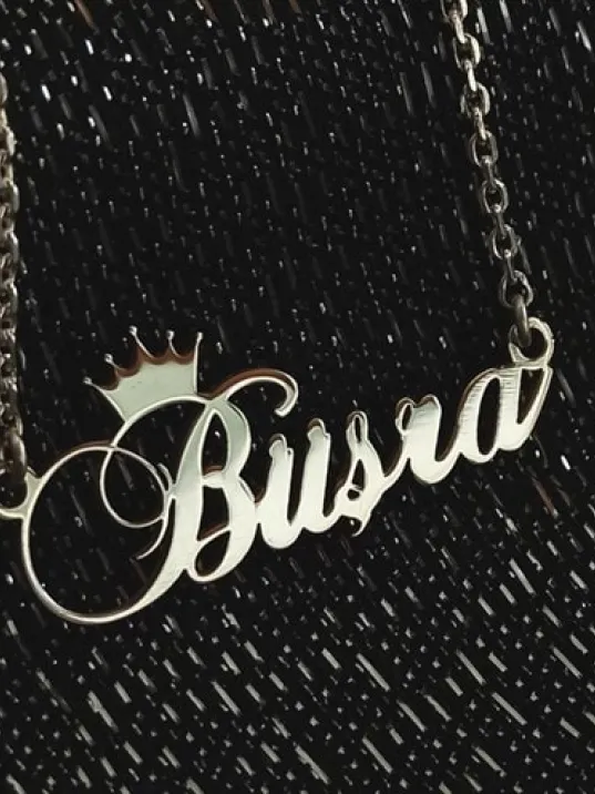 Kral Taç Imza Gümüş Renk Büşra Yazılı Bayan Gümüş Kolye Zincir Gklgmsısımt