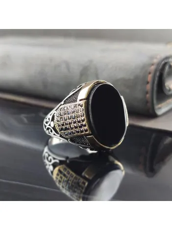 Mikro Taşlı Siyah Oniks Gümüş Erkek Yüzük  GYZGMSOGUMU