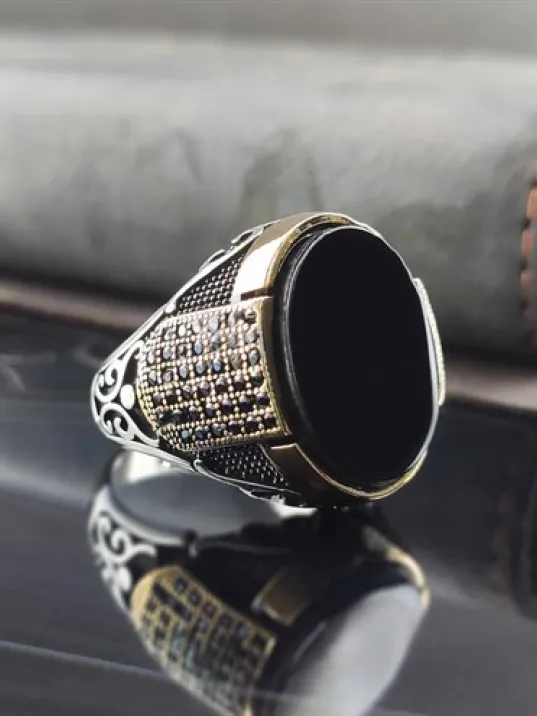 Mikro Taşlı Siyah Oniks Gümüş Erkek Yüzük  GYZGMSOGUMU