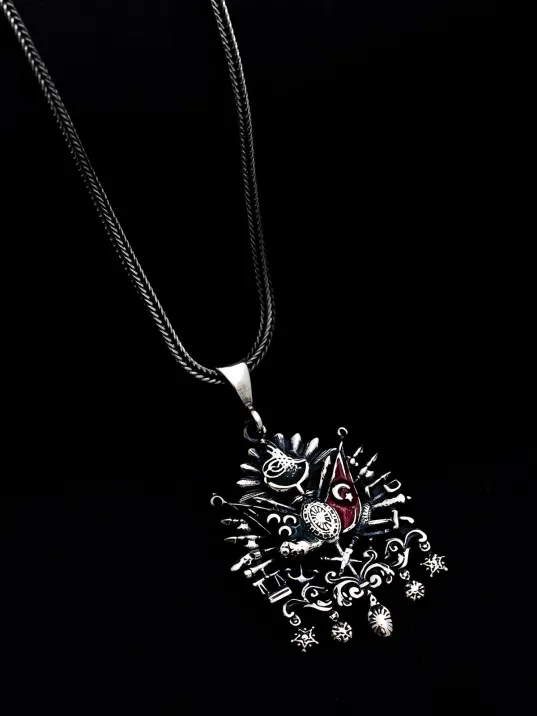 Renkli Osmanlı Arması Sancağı Erkek Gümüş Kolye Zincir