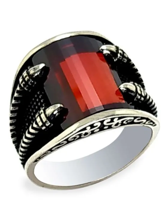 Kırmızı Zirkon Taşlı Pençe Erkek Gümüş Yüzük