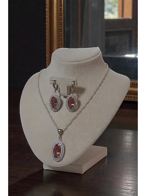 Kadın Gümüş Kolye Küpe Set - Oval Model Zultanit Taşlı Gümüş Set
