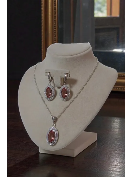 Kadın Gümüş Kolye Küpe Set - Oval Model Zultanit Taşlı Gümüş Set