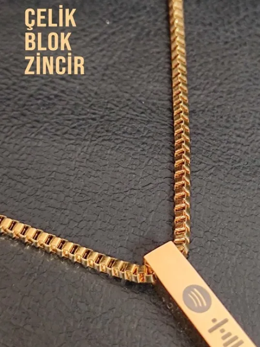 Spotify Şarkı Kodlu Çelik Altın Bar Çubuk Kolye Blok Zincir CKLSPOTYKLY-ALT