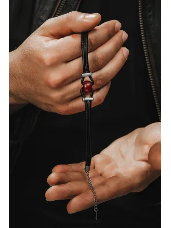 Erkek Çelik Bileklik - Orjinal Kırmızı Akik Deri Çelik Erkek Bileklik