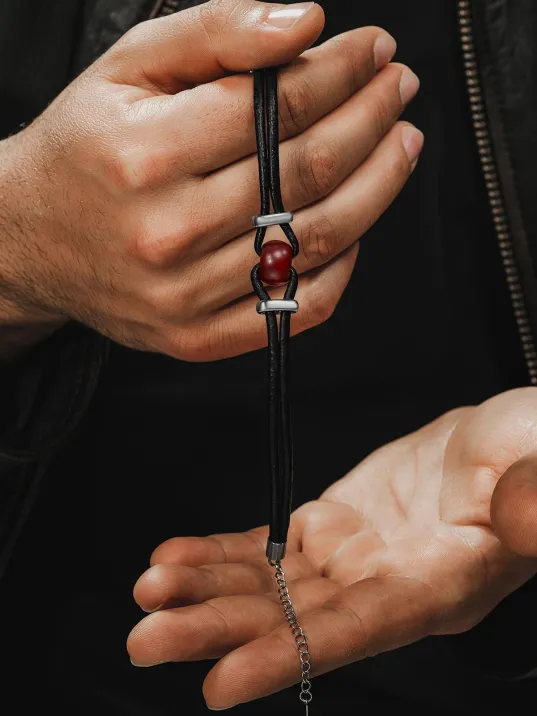 Erkek Çelik Bileklik - Orjinal Kırmızı Akik Deri Çelik Erkek Bileklik