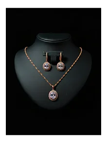 Kadın Gümüş Kolye Küpe Set - Yuvarlak Rose Kaplama Zirkon Taşlı Kadın Set