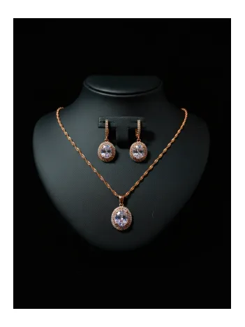 Kadın Gümüş Kolye Küpe Set - Yuvarlak Rose Kaplama Zirkon Taşlı Kadın Set