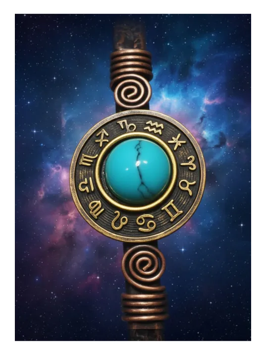 Kadın Bakır Bileklik - Doğal Turkuaz Firuze Taşlı 12 Burç İşlemeli Kadın Bakır Bilezik