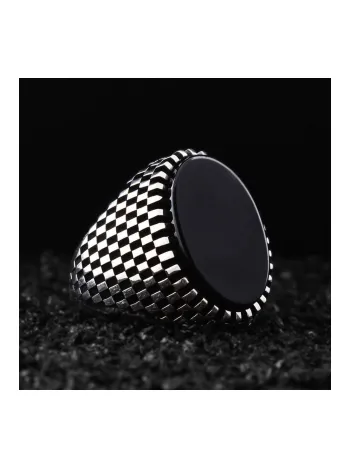 Siyah Oniks Taşlı Yanı Işlemeli Özel Seri Erkek Gümüş Yüzük